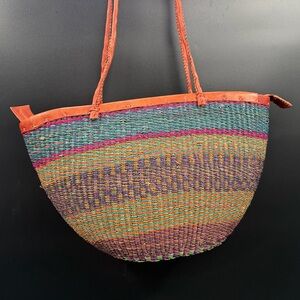 African Colorful Handcrafted Woven Tote Bag Leather Shoulder Strap Zipped